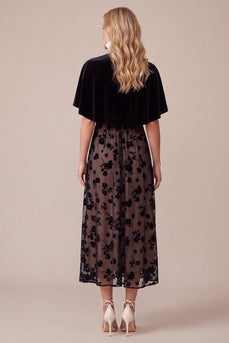 Black A-Line Floral Keyhole Long Wedding Guest Dress with Cape
