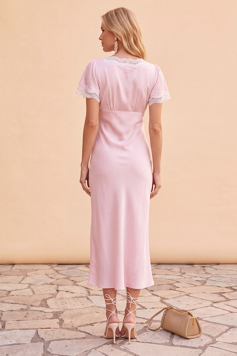 Load image into Gallery viewer, Blush Bodycon V-Neck Flutter Sleeves Long Wedding Guest Dress with Lace