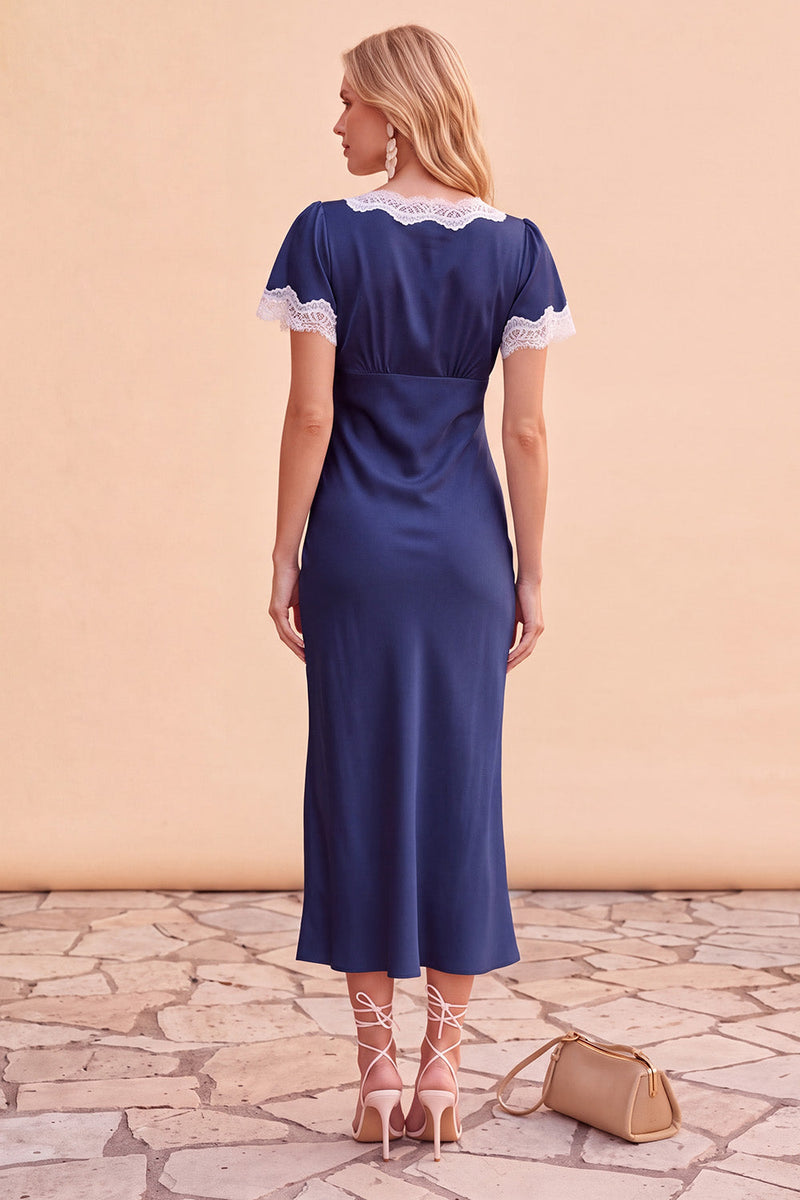 Load image into Gallery viewer, Blush Bodycon V-Neck Flutter Sleeves Long Wedding Guest Dress with Lace