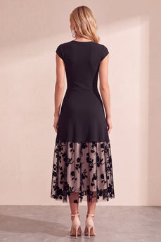 Black A-Line Round Neck Floral Long Wedding Guest Dress