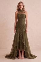 Load image into Gallery viewer, Olive Mermaid High Neck Lace Ruffled High-Low Wedding Guest Dress