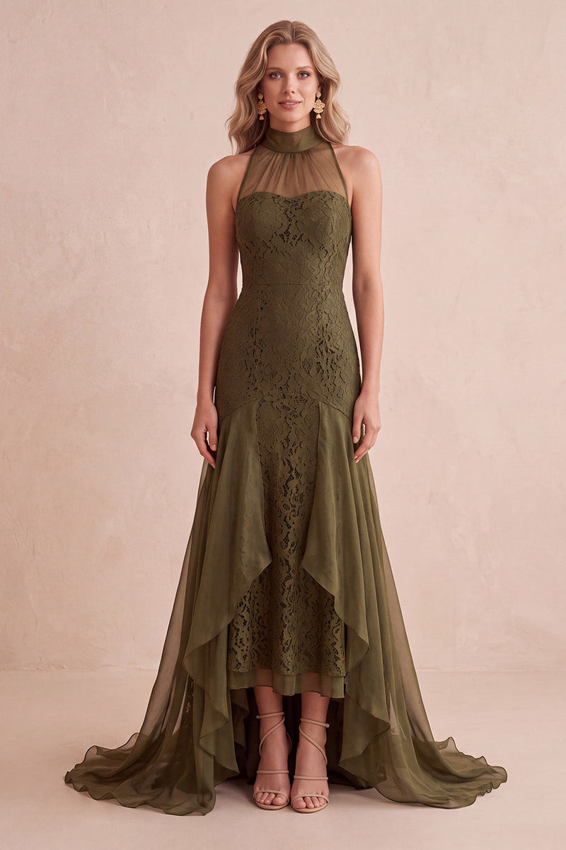 Load image into Gallery viewer, Olive Mermaid High Neck Lace Ruffled High-Low Wedding Guest Dress