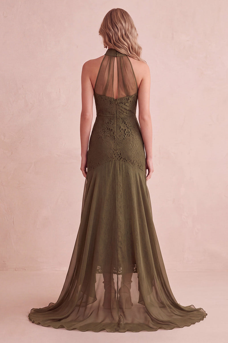 Load image into Gallery viewer, Olive Mermaid High Neck Lace Ruffled High-Low Wedding Guest Dress