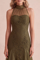 Load image into Gallery viewer, Olive Mermaid High Neck Lace Ruffled High-Low Wedding Guest Dress
