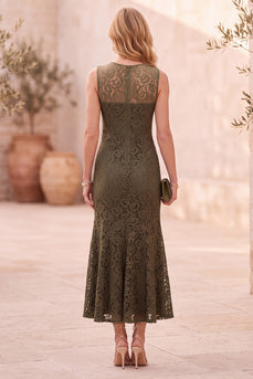 Olive Bodycon Ruffled Lace Long Wedding Guest Dress with Pockets