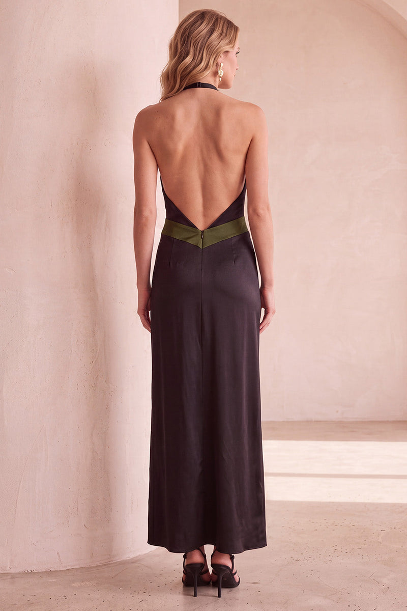 Load image into Gallery viewer, Black and Red Sheath Halter Backless Maxi Wedding Guest Dress