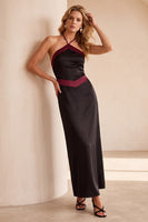 Load image into Gallery viewer, Black and Red Sheath Halter Backless Maxi Wedding Guest Dress