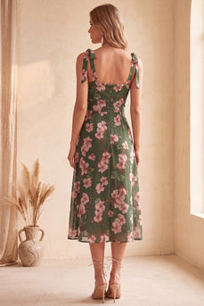 Green Floral A-Line Square Neck Midi Wedding Guest Dress with Slit