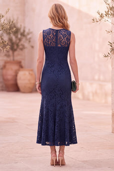 Dark Blue Lace Bodycon Round Neck Ruffled Long Wedding Guest Dress