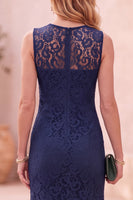 Load image into Gallery viewer, Dark Blue Lace Bodycon Round Neck Ruffled Long Wedding Guest Dress