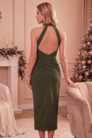 Load image into Gallery viewer, Dark Blue Halter Ruched Keyhole Back Long Wedding Guest Dress with Pockets