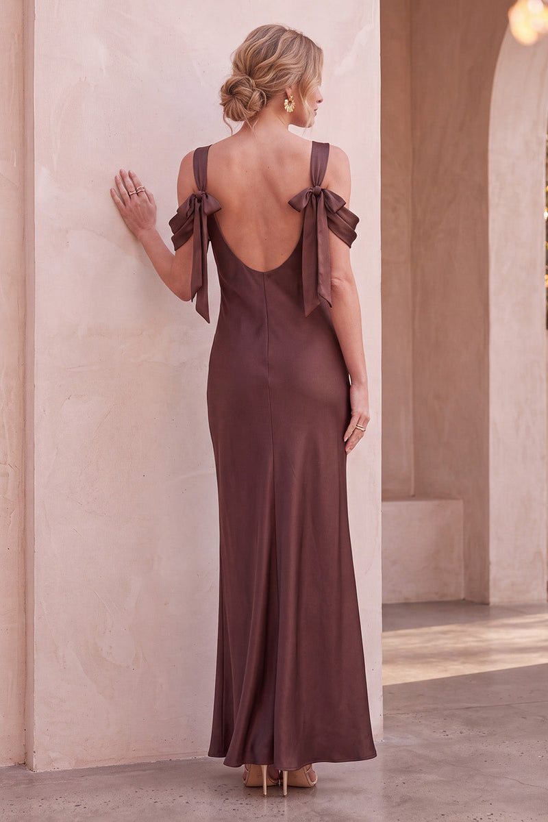 Load image into Gallery viewer, Coffee Mermaid Satin Cold Shoulder Long Formal Dress with Bows