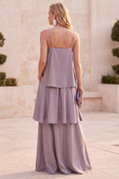 Load image into Gallery viewer, Fog Ruffled A Line Satin Spaghetti Straps Long Wedding Guest Dress with Pockets