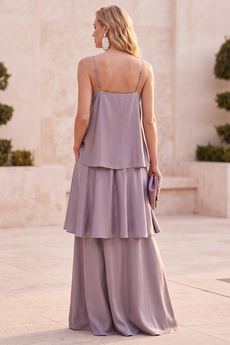 Load image into Gallery viewer, Fog Ruffled A Line Satin Spaghetti Straps Long Wedding Guest Dress with Pockets