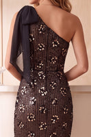 Load image into Gallery viewer, Sparkly Coffee Bodycon Floral One Shoulder Sequin Midi Formal Dress with Bow