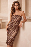 Load image into Gallery viewer, Fringed Sparkly Coffee Strapless Sequin Bodycon Midi Formal Dress