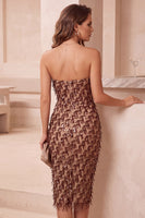 Load image into Gallery viewer, Fringed Sparkly Coffee Strapless Sequin Bodycon Midi Formal Dress