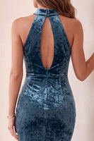 Load image into Gallery viewer, Lake Blue Mermaid High Neck Cut Out Ruffled Velvet Long Formal Dress