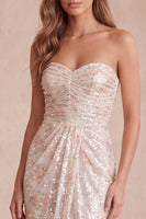 Load image into Gallery viewer, Sparkly Ivory Floral Sheath Ruched Sequin Sweetheart Long Formal Dress