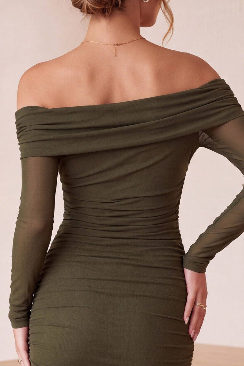 Load image into Gallery viewer, Bodycon Olive Off the Shoulder Ruched Midi Formal Dress with Sleeves