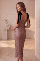 Load image into Gallery viewer, Coffee Sparkly Sequin Bodycon Square Neck Long Formal Dress with Bows