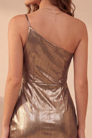 Load image into Gallery viewer, Sparkly Metallic Gold Ruched Bodycon One Shoulder Short Cocktail Dress with Sash