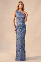 Load image into Gallery viewer, Sparkly Slate Blue One Shoulder Sequin Ruched Long Formal Dress with 3D Flowers