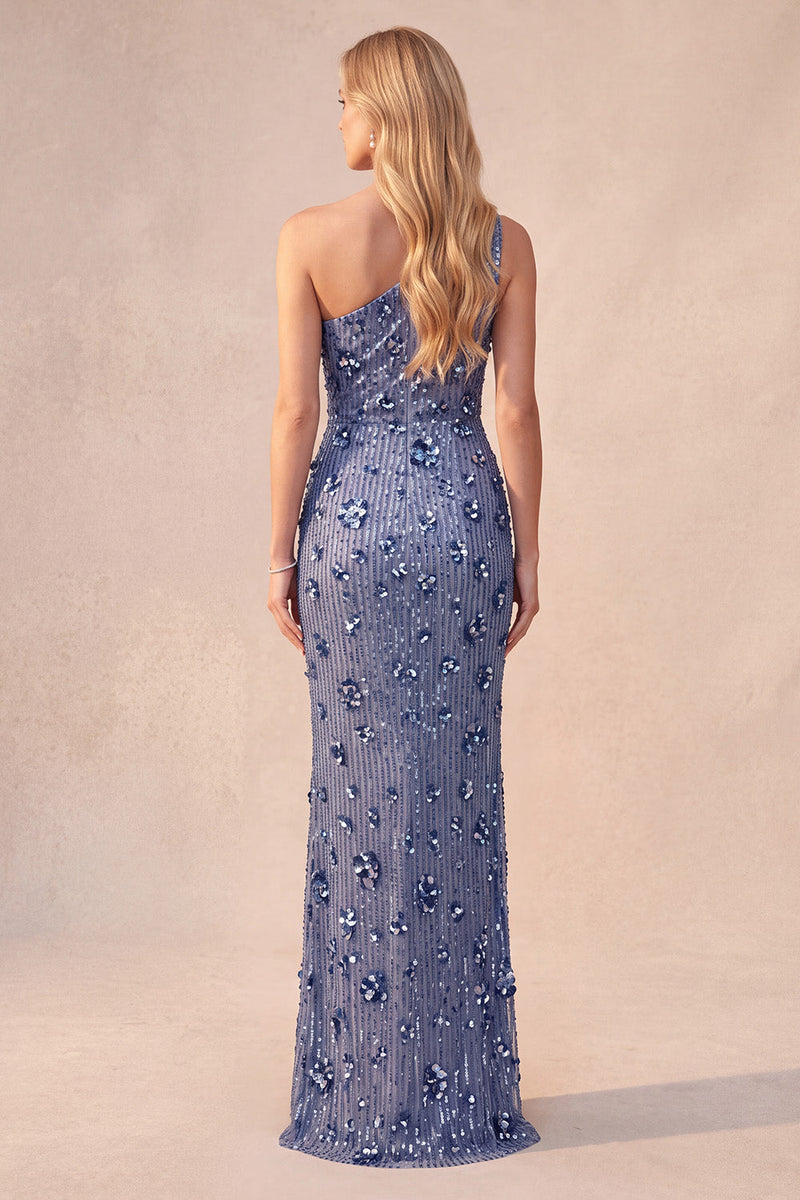 Load image into Gallery viewer, Sparkly Slate Blue One Shoulder Sequin Ruched Long Formal Dress with 3D Flowers