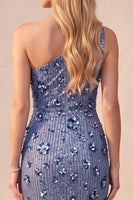 Load image into Gallery viewer, Sparkly Slate Blue One Shoulder Sequin Ruched Long Formal Dress with 3D Flowers