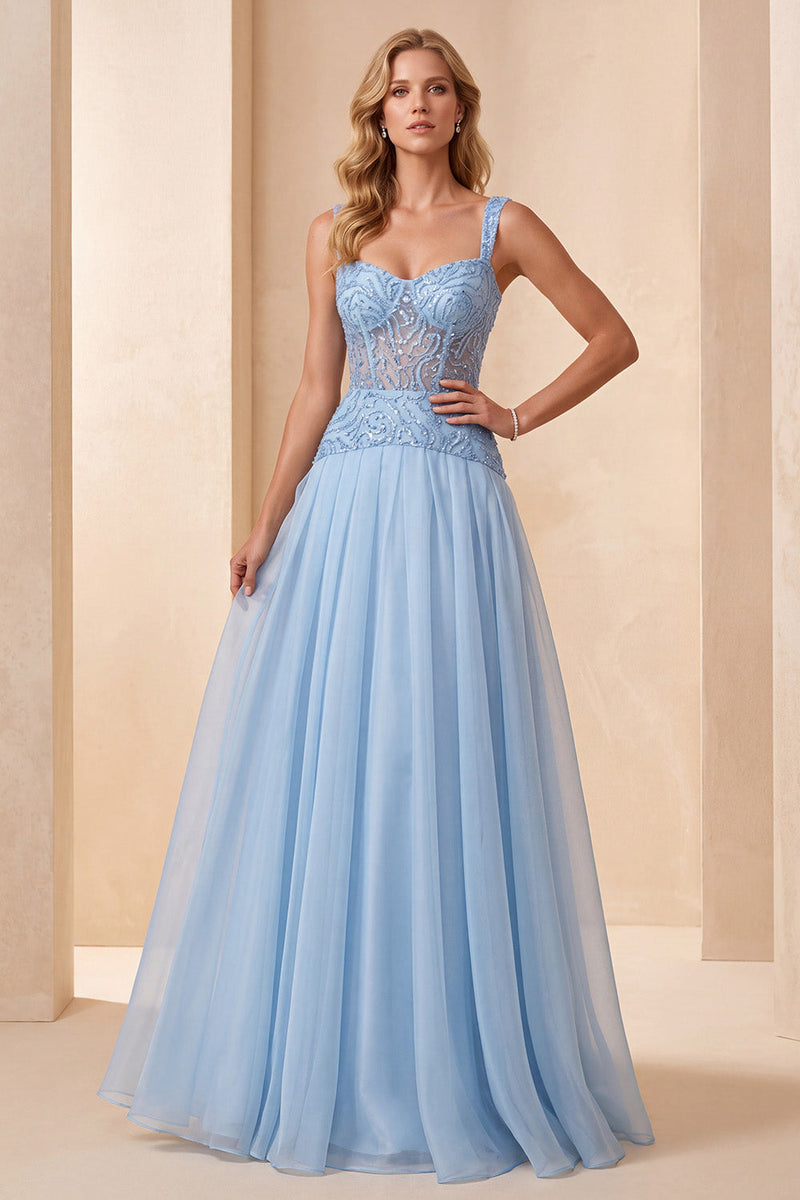 Load image into Gallery viewer, Sky Blue A-Line Corset Long Formal Dress with Sequins