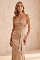Load image into Gallery viewer, Champagne Sequin One Shoulder Ruched Long Formal Dress with Sash