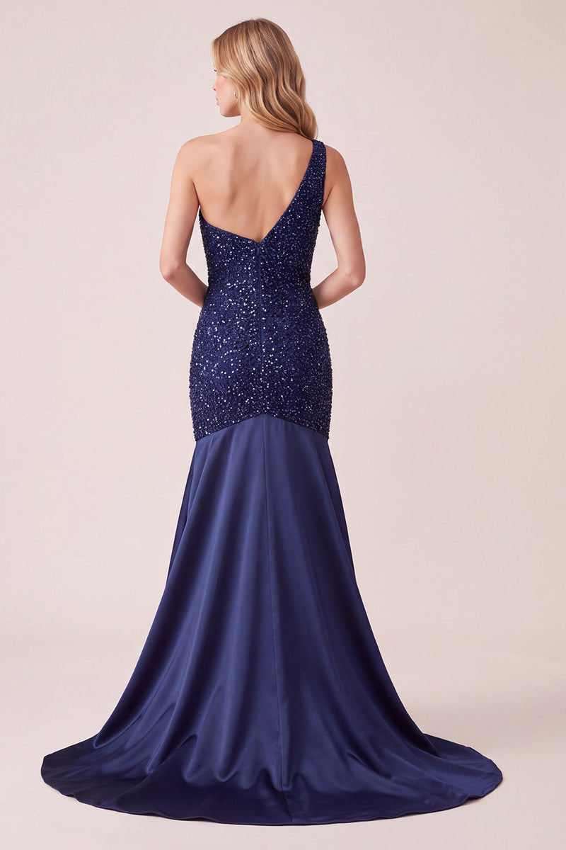 Load image into Gallery viewer, Sparkly Dark Blue Mermaid Satin One Shoulder Long Formal Dress with Sequins