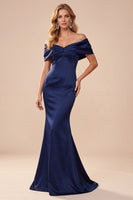 Load image into Gallery viewer, Simple Dark Blue Off the Shoulder Mermaid Satin Long Formal Dress