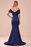 Load image into Gallery viewer, Simple Dark Blue Off the Shoulder Mermaid Satin Long Formal Dress