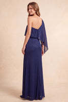 Load image into Gallery viewer, Dark Blue Sheath One Shoulder Long Formal Dress with Side Cape