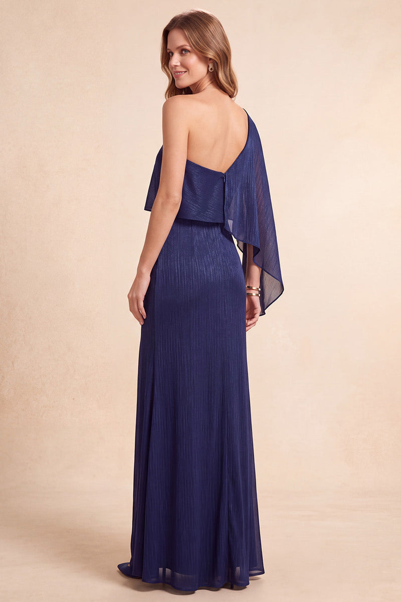 Load image into Gallery viewer, Dark Blue Sheath One Shoulder Long Formal Dress with Side Cape
