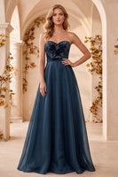 Load image into Gallery viewer, Navy Floral A Line Sweetheart Long Formal Dress