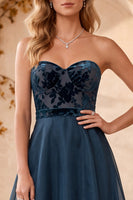 Load image into Gallery viewer, Navy Floral A Line Sweetheart Long Formal Dress