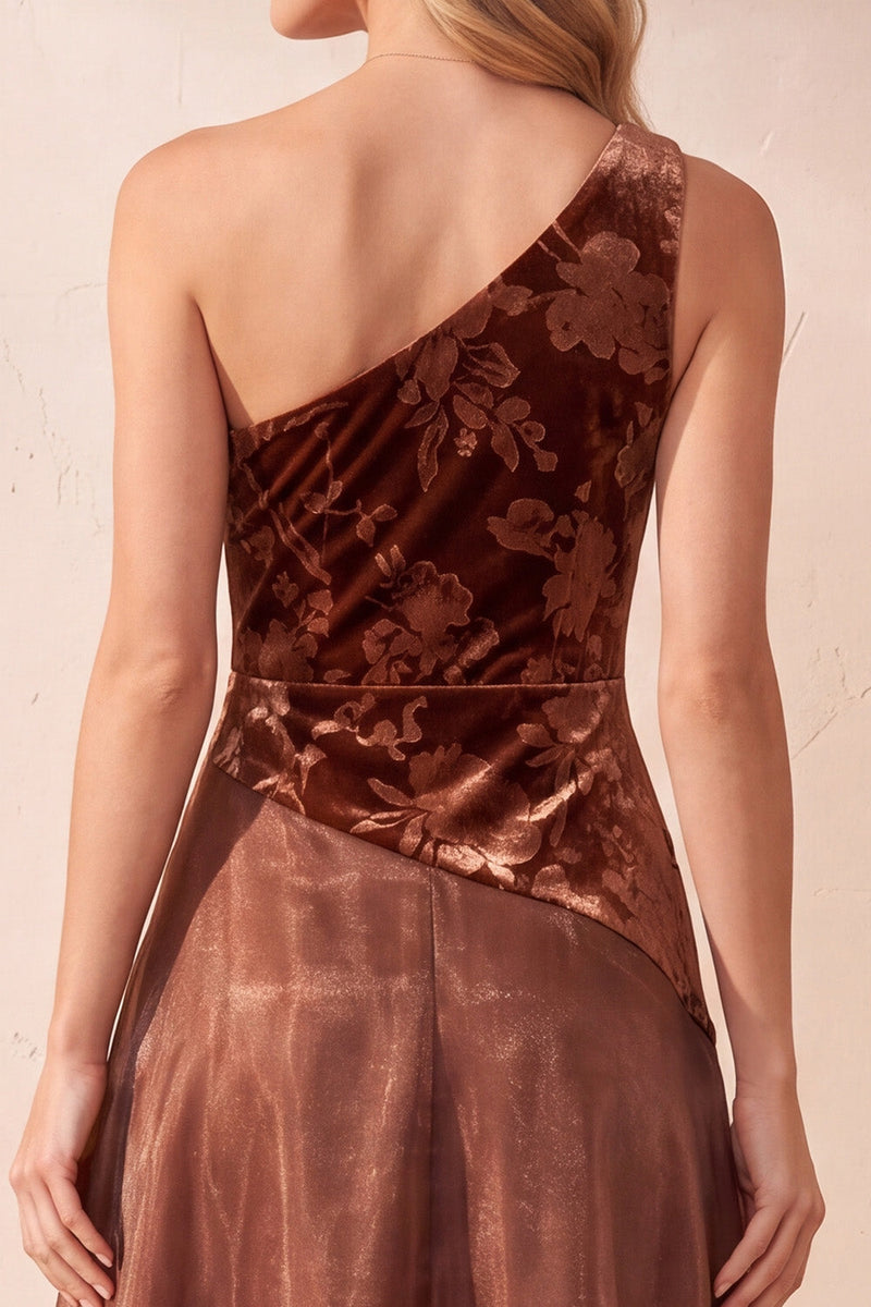 Load image into Gallery viewer, Coffee A-Line One Shoulder Floral Velevt Long Formal Dress