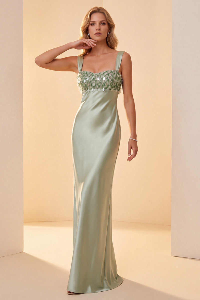 Load image into Gallery viewer, Light Green Satin Sheath Thick Straps Sequin Long Formal Dress with Feathers
