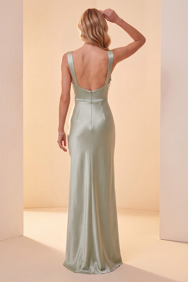 Load image into Gallery viewer, Light Green Satin Sheath Thick Straps Sequin Long Formal Dress with Feathers