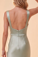 Load image into Gallery viewer, Light Green Satin Sheath Thick Straps Sequin Long Formal Dress with Feathers