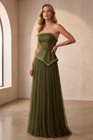 Load image into Gallery viewer, Olive Pleated A-Line Strapless Beaded Tulle Long Formal Dress