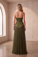 Load image into Gallery viewer, Olive Pleated A-Line Strapless Beaded Tulle Long Formal Dress