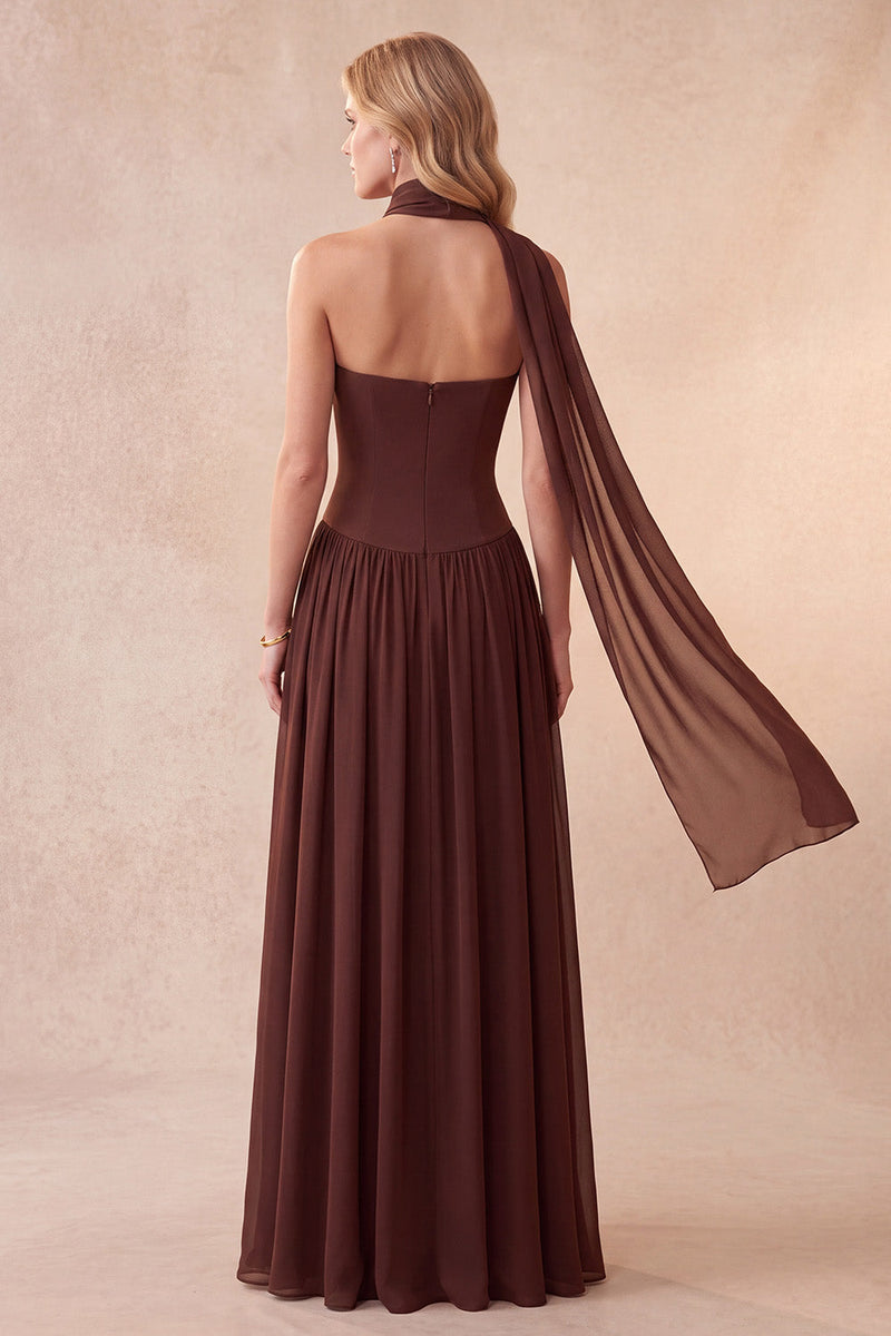 Load image into Gallery viewer, Coffee Chiffon Corset A-Line Beaded Sweetheart Long Formal Dress with Neck Scarf