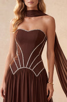 Load image into Gallery viewer, Coffee Chiffon Corset A-Line Beaded Sweetheart Long Formal Dress with Neck Scarf