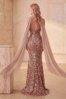 Load image into Gallery viewer, Sparkly Khaki Strapless Mermaid Sequin Long Formal Dress with Neck Scarf