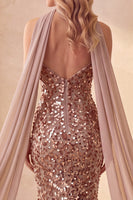 Load image into Gallery viewer, Sparkly Khaki Strapless Mermaid Sequin Long Formal Dress with Neck Scarf