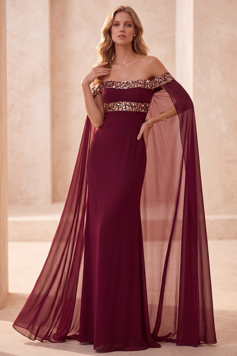 Load image into Gallery viewer, Burgundy Mermaid Off the Shoulder Satin Long Formal Dress with Cape