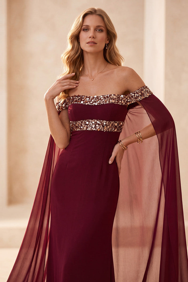 Load image into Gallery viewer, Burgundy Mermaid Off the Shoulder Satin Long Formal Dress with Cape